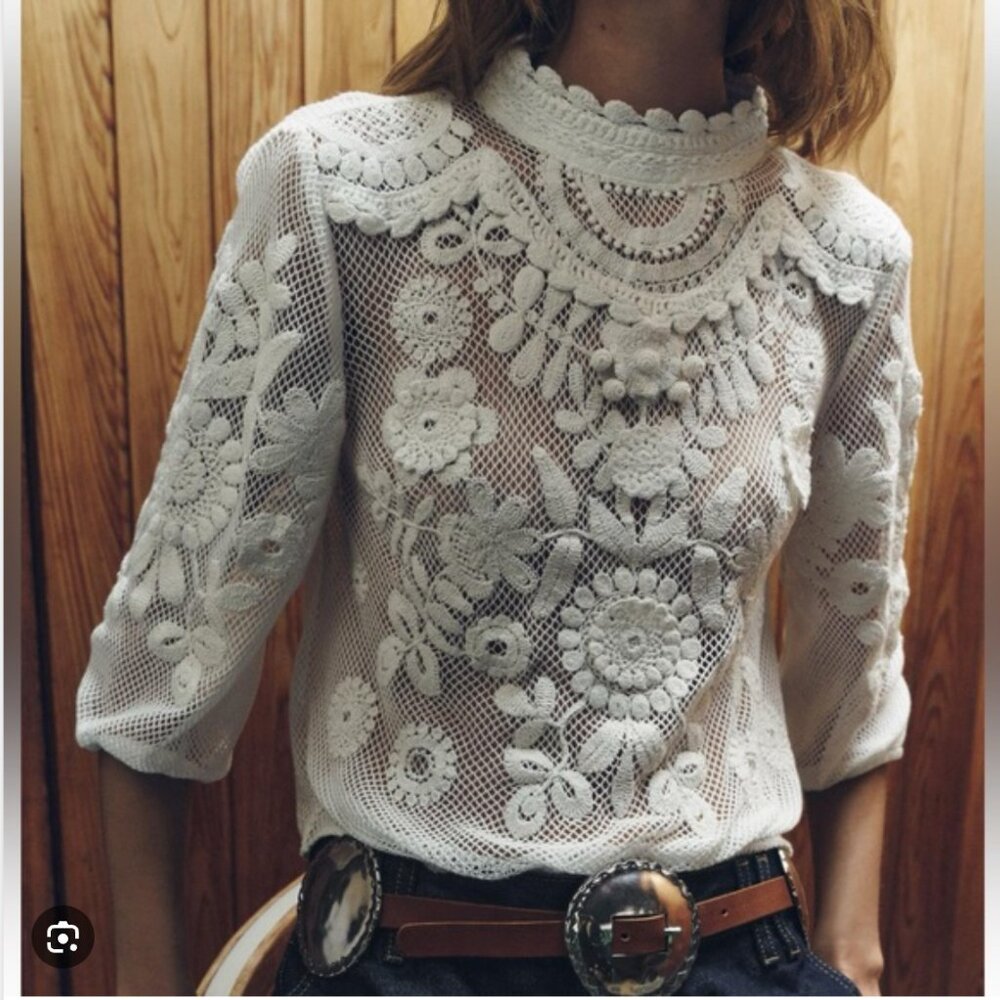 Zara White Crochet Lace High-Neck Blouse